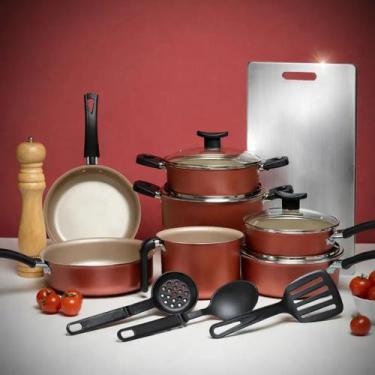 Imagem de Jogo De Panelas 11 Peças Teflon Antiaderente C Tampa De Vidro e tábua 