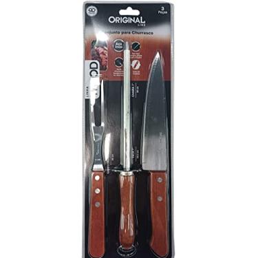 Imagem de Conjunto De Churrasco Com Faca 7'' + Garfo 5,5'' + Chaira 7,5'' De Inox Cabo Madeira