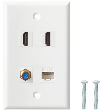 Imagem de Placa de parede HDMI Ethernet Coaxial, 2 portas HDMI Keystone fêmea para fêmea, 1 porta coaxial Keystone fêmea para fêmea, 1 porta CAT6 Keystone fêmea para fêmea placa de parede - branca