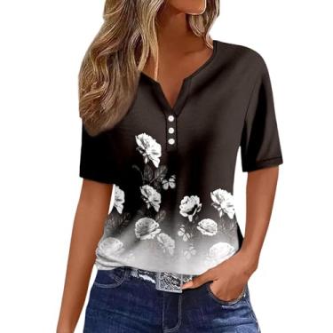 Imagem de Blusas femininas de verão 2024 e camisas de botão manga curta Henley verão blusas estampadas listradas, Ofertas flash cinza, G