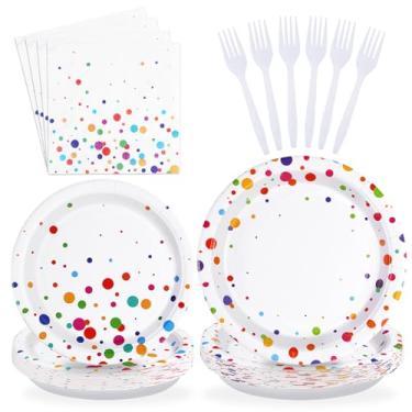 Imagem de Grencian 96 peças coloridas de bolinhas para festas, conjuntos coloridos de pratos e guardanapos de aniversário, pratos de bolhas de confetes, pontos de arco-íris, utensílios de mesa para aniversário