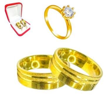 Imagem de Par Alianças Ouro 18k 6mm Risco Brilho Fosco + Anel Solitário 2mm Banh