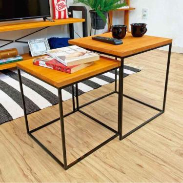 Imagem de Duo Mesa de Centro Industrial Design Quadrada de Ferro e Madeira Carva