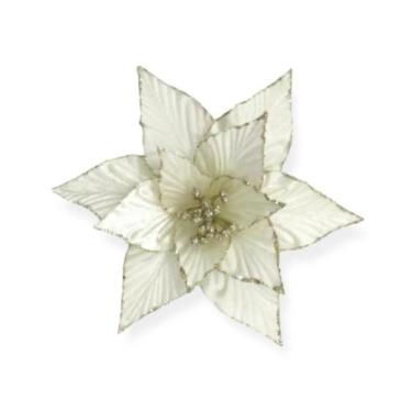 Imagem de Flor poinsetia branca fosca com bolinhas dourada - 22cm - Tok da Casa
