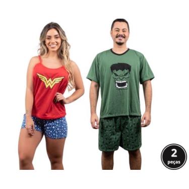 Imagem de Kit 2 Pijamas Adultos Casal Super Herói Hulk mulher Maravilha - Bernan