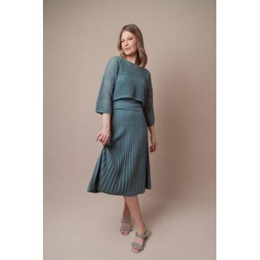 Imagem de Saia Plissada Midi Tricot Feminina - Michele Tricot, G, Verde senécio