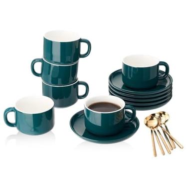 Imagem de Yelife Copos de café de porcelana com colher de pires, conjunto de xícaras e pires de cerâmica de 236 ml, com suporte de copo, conjunto de 6 (verde)