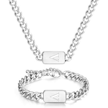 Imagem de Colar masculino prata inicial conjunto de joias para meninos, 2 peças, corrente cubana, letras de nome personalizadas, A-Z, elo de aço inoxidável ajustável para homens, presente para ele/ela, presente