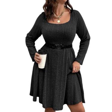 Imagem de Vestido feminino plus size casual gola quadrada manga lanterna longa gravata cintura pulôver pulôver solto, Cinto Blackwhn0, 3G