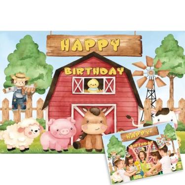 Imagem de OERJU Pano de fundo de fazenda para festa de aniversário, desenho animado, animais de fazenda, celeiro, tema de fazenda, decoração de festa de aniversário, fundo fotográfico para crianças, faixa de