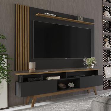 Imagem de Rack Com Painel Ripado Para Tv Até 70 Polegadas 2 Gavetas Grécia 180cm Preto E Nature