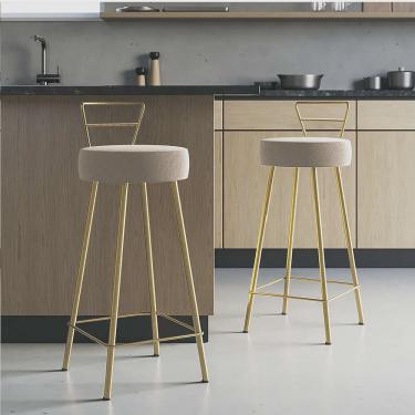 Imagem de Kit 02 Banqueta Alta Com Encosto Tina Eiffel Cozinha Bar Bistrô Ferro Dourado Corino Bege - Ahazzo Móveis
