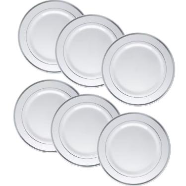 Imagem de Kit 6 Pratos Descartáveis de Luxo em Plástico Borda Prata