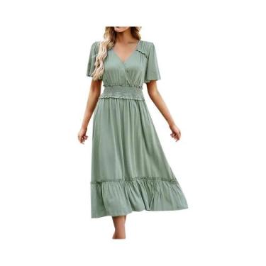 Imagem de Vestido Maxi Feminino De Renda Com Decote Em V Com Babado Manga Curta 