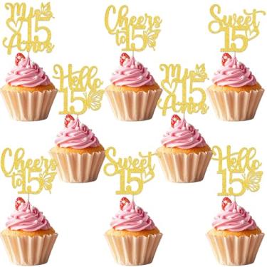 Imagem de Happy 15th Birthday Party Decorations Mis 15 Cupcake Topper Hello 15 Butterfly Themed Mis 15 Años Party Decorations for Girl Gold Glitter