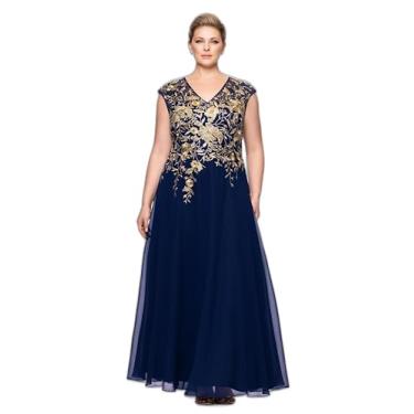 Imagem de Betsy & Adam Vestido feminino de chiffon longo, manga curta, bordado, com silhueta evasê, Azul-marinho/dourado, 54