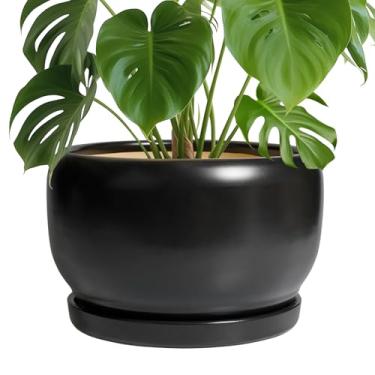 Imagem de SQOWL Vaso de flores de cerâmica - Vaso de 25 cm com orifício de drenagem e pires, vaso de plantas grande moderno interno e externo, vaso redondo decorativo, decoração de quarto, presentes para