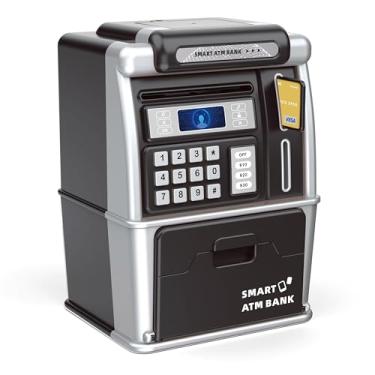 Imagem de Cofrinho eletrônico de simulação de caixa eletrônico atualizado - com reconhecimento facial simulado, proteção de senha digital, função automática de rolagem de notas (preto) | Cofre para economizar