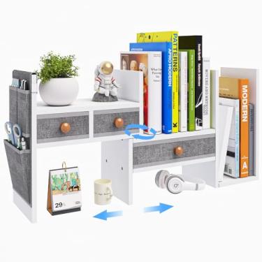 Imagem de X-cosrack Estante de mesa expansível de madeira ajustável com gavetas Prateleiras de mesa Rack Organizador de armazenamento para materiais de escritório, maquiagem, branco. Petent pendente