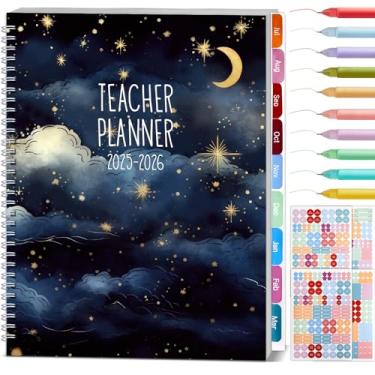 Imagem de Jul. 2025-jun. 2026 Caderno de planejamento do professor, diário, semanal, mensal, encadernado em espiral com 10 canetas e seção, adesivos de planejamento, calendário datado, pasta de bolso, aba de