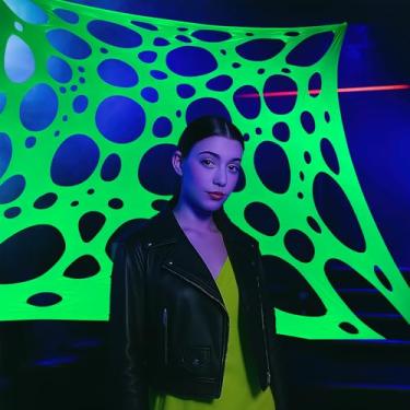 Imagem de Pano de fundo de malha para decoração de festa 2,9 m x 2,1 m decoração de festa luz preta elastano malha de lycra com ilhós para instalação (verde neon, 2,9 m x 2,1 m)