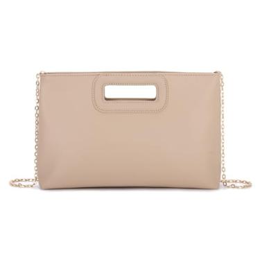 Imagem de Fecialy Bolsa clutch com alça superior para mulheres, elegante, formal, noturna, bolsa tiracolo de couro com corrente, Nude.