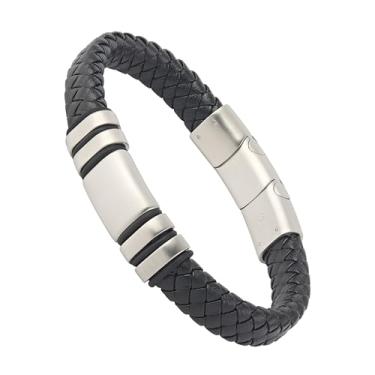 Imagem de Forge & Foundry Pulseira masculina de couro preto ajustável | Couro genuíno com fecho de pressão de aço inoxidável | Design Led, Joias artesanais de Londres | Fio único, fecho de prata escovado