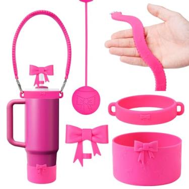 Imagem de HIUSITY Conjunto de 4 peças de acessórios de copo rosa para Stanley, incluindo lindos bonés de cobertura de palha de 10 mm, manga de bota de silicone, alça de alça de garrafa de água, coador de chá