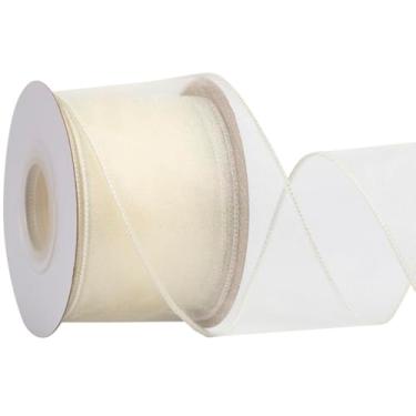 Imagem de Zofrud Fita com fio de organza marfim de 6,5 cm – Fita transparente de 20 metros com borda metálica para embrulho de presente, laços, arranjos florais, artesanato e decorações de casamento