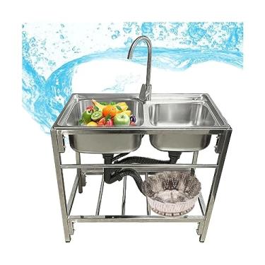 Imagem de Lavatório de pia de cozinha portátil com tigela dupla, compartimento com suporte de perna fácil de instalar/limpar, adequado para casa e restaurante, cozinhas, banheiros, garagens, pia e piscina