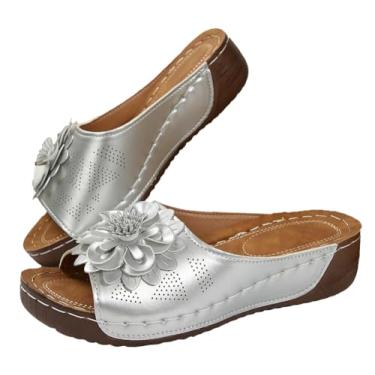 Imagem de Rungion Sandálias femininas de praia de verão com bico aberto baixo com bico aberto, sandálias femininas elegantes e plataformas, confortáveis com flores, Prata, 40