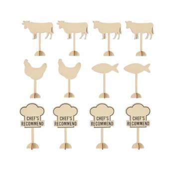 Imagem de 20 marcadores de madeira para escolha de refeição – 4 ícones de comida (carne bovina, frango, peixe, recomendação do chef) – palhetas reutilizáveis de identificação de alimentos de madeira para buffet