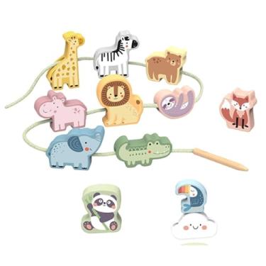 Imagem de Tooky Toy Brinquedo Educativo Madeira Blocos de Laço Animais 13 Peças