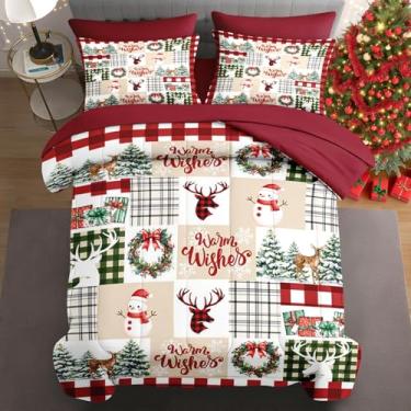 Imagem de WeCozy Jogo de edredom solteiro de Natal com fronha e fronha, lençol de cima com 5 peças, xadrez buffalo, vermelho e branco, para crianças e adultos, feliz inverno, boneco de neve e rena