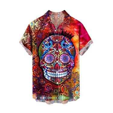 Imagem de Camisa De Verão Masculina Retrô Caveira Pirata Manga Curta Camisas De Lapela Botão Regular Camisa De Praia Casual Havaiano Tops, # 4, 4XL