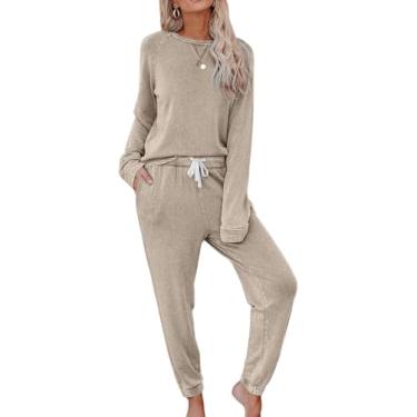 Imagem de Pijamas Femininos Conjunto De Pijama Longo Conjunto De Pijama De Inverno Com Terno De Casa Bündchen Roupa De Dormir De Duas Partes Roupa De Dormir Loungewear Top De Manga Comprida E, Beige, XL