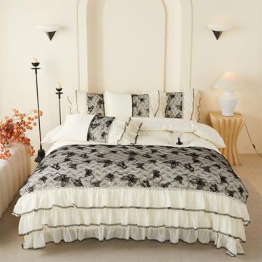 Imagem de Conjunto de capa de edredom Queen de borboleta preta gótica, roupa de cama vintage de renda coquete, poliéster, 3 peças, capa de edredom com fecho de zíper - macio e leve, edredom não incluído