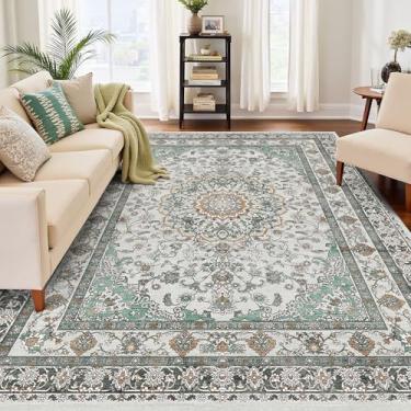 Imagem de Tapete cinza persa para sala de estar, 12 x 18 cm, vintage, lavável, antiderrapante, para sala de jantar, quarto, escritório, lavanderia, tapete floral de pelo baixo, tapete macio (5 x 7 cinza verde)