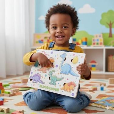 Imagem de Brinquedo Pedagógico Educativo Em Madeira Jogo De Encaixe Infantil (Dinossauros)