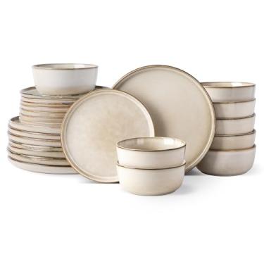 Imagem de Jogo de jantar de cerâmica GBHOME Pratos e tigelas de grés, 24 peças, para 8 pessoas, resistentes a arranhões, seguro para lava-louças e micro-ondas, esmalte reativo – marrom-claro (cappuccino)