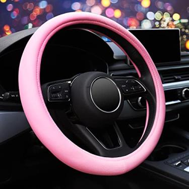 Imagem de ZHOL Capa de volante rosa, protetor de roda de carro antiderrapante de microfibra respirável de 38 cm de microfibra, quente no inverno, fresco no verão
