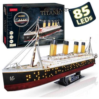 Imagem de Quebra Cabeças 3D Titanic com 85 Leds para Crianças e Adultos, 266 Peças, CUBICFUN L521h, Preto