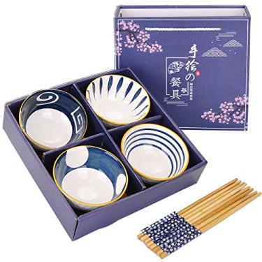 Imagem de VanEnjoy Conjunto de 4 tigelas de arroz de cerâmica estilo japonês com pauzinhos em caixa de presente, conjunto de tigelas de padrão vintage azul pintado à mão, louça sob vidrado, para sobremesa