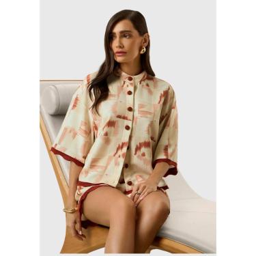 Imagem de Camisa Solta Gola Padre Manga 3 Quartos Bege Maria Valentina-Feminino