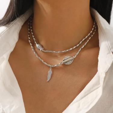 Imagem de Colar Boho feito à mão com pingente de folha de peixe para mulheres, banhado a prata, berloques de animais boêmios, corrente elástica com contas de arroz, pulseira vintage em camadas, colares praianos