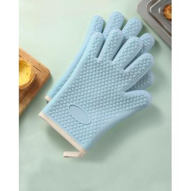 Imagem de 2 luvas de forno de silicone resistentes ao calor – Luvas de grelha de camada dupla com 5 dedos, luvas de forno de cozinha impermeáveis e antiderrapantes para cozinhar, assar, churrasco (azul)