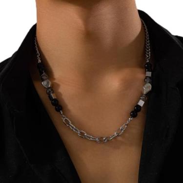 Imagem de Colar masculino de contas ajustável com contas de pedra vulcânica e pedras negras boêmio, joia de surfe, presente para ele, corrente de contas em camadas para presentes de aniversário, Medium, Latão