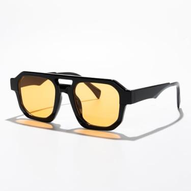 Imagem de Óculos de sol aviador quadrado retrô com ponte dupla para homens e mulheres, óculos de sol vintage piloto para dirigir motocicleta, moda urbana UV400, Armação preta/lente amarela, Lens Width: 50