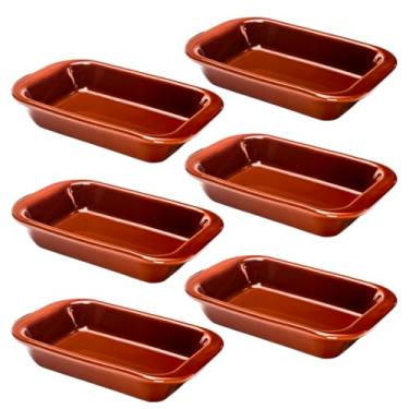 Imagem de Kit 6 Travessa Refratária Cerâmica Retangular Assadeira para Servir Multiuso Forno, Micro-ondas, Restaurantes Self Service (Marrom, 550 ml)