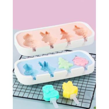 Imagem de 2 moldes de silicone para picolé – Máquina de sorvete e picolé caseiro DIY com formas divertidas de desenho animado (árvore de Natal, sino, boneco de neve, Papai Noel), leve e fácil de usar, rosa e